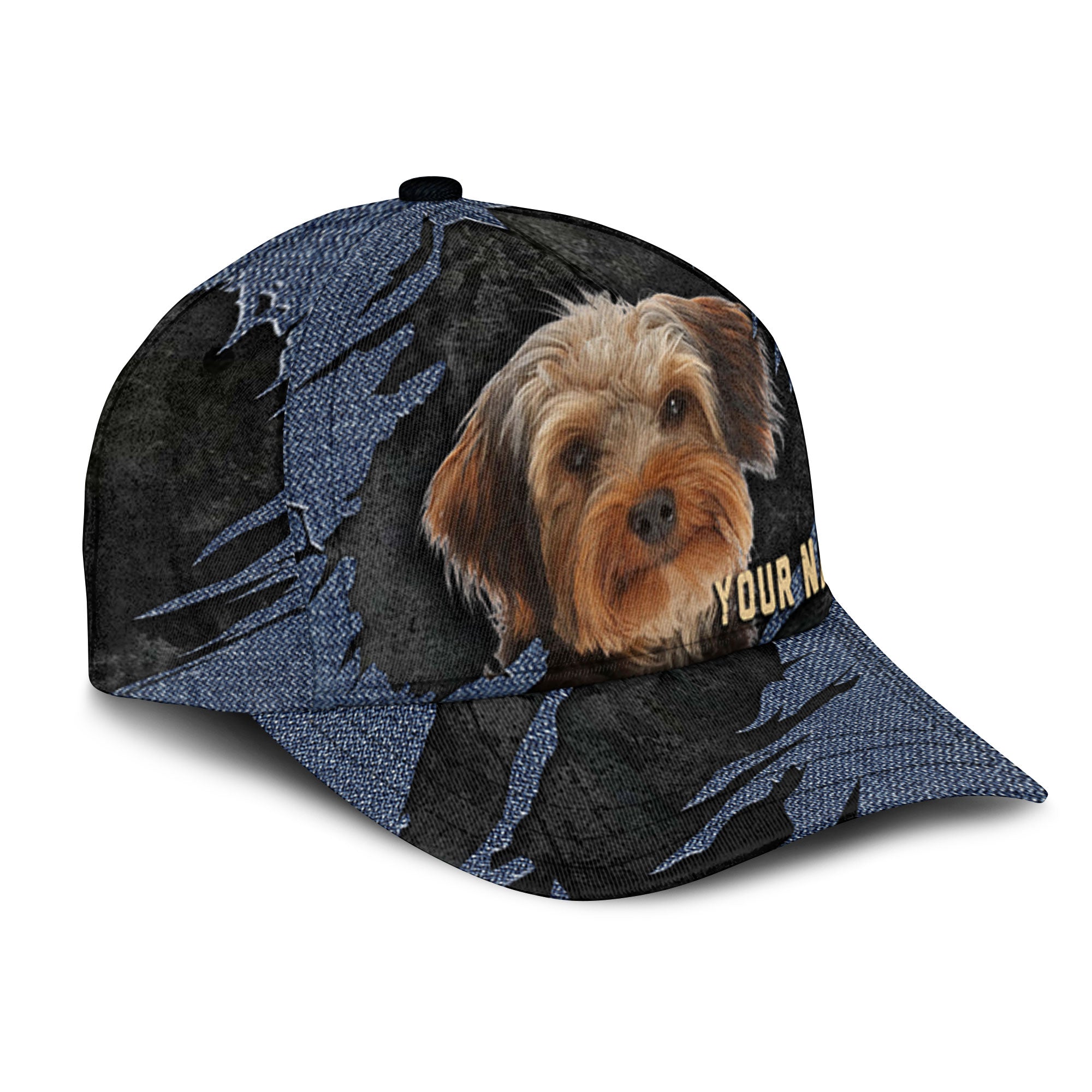 Yorkie-Poo - Jean Background Custom Name Cap