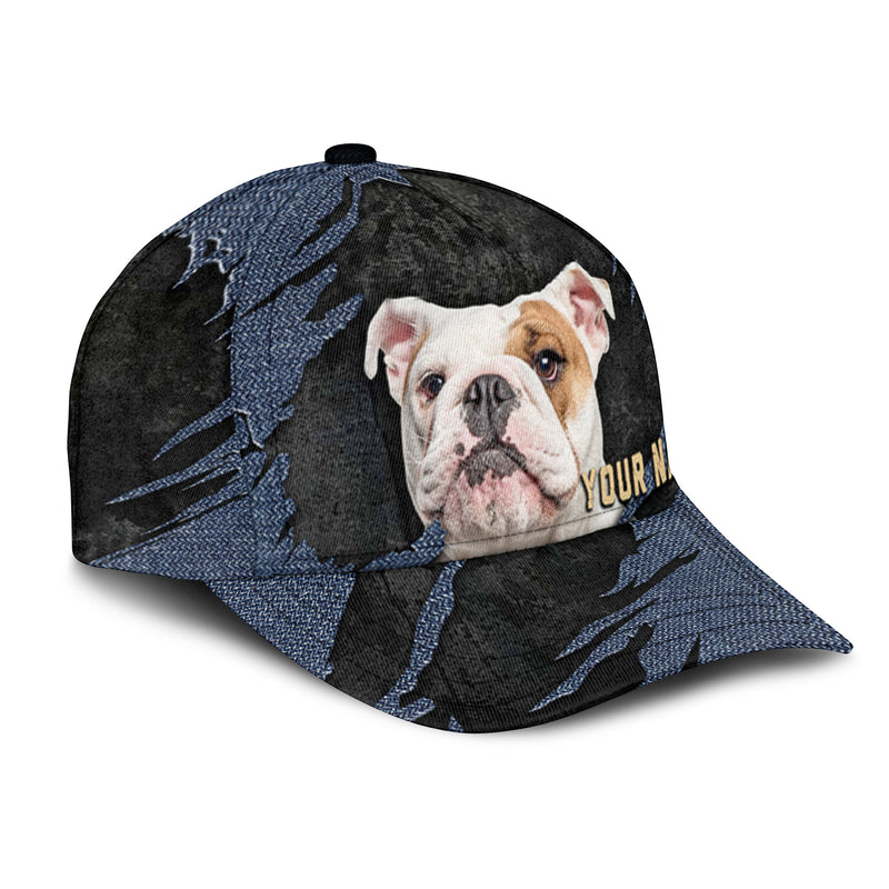 English Bulldog - Jean Background Custom Name Cap