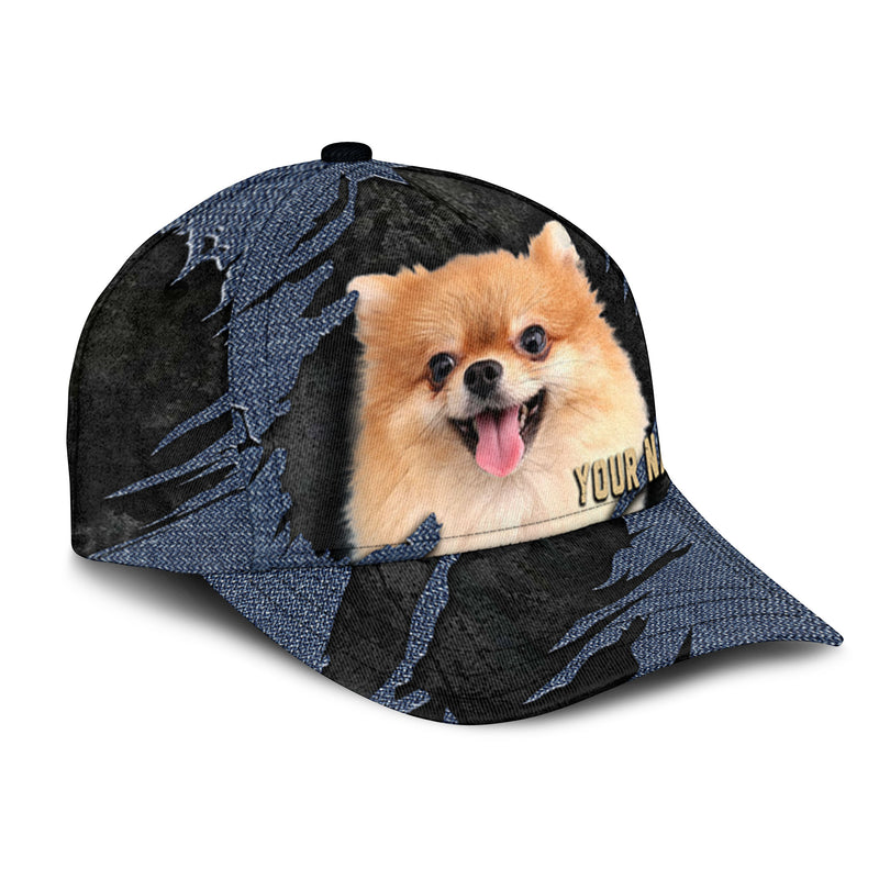 Pomeranian - Jean Background Custom Name Cap