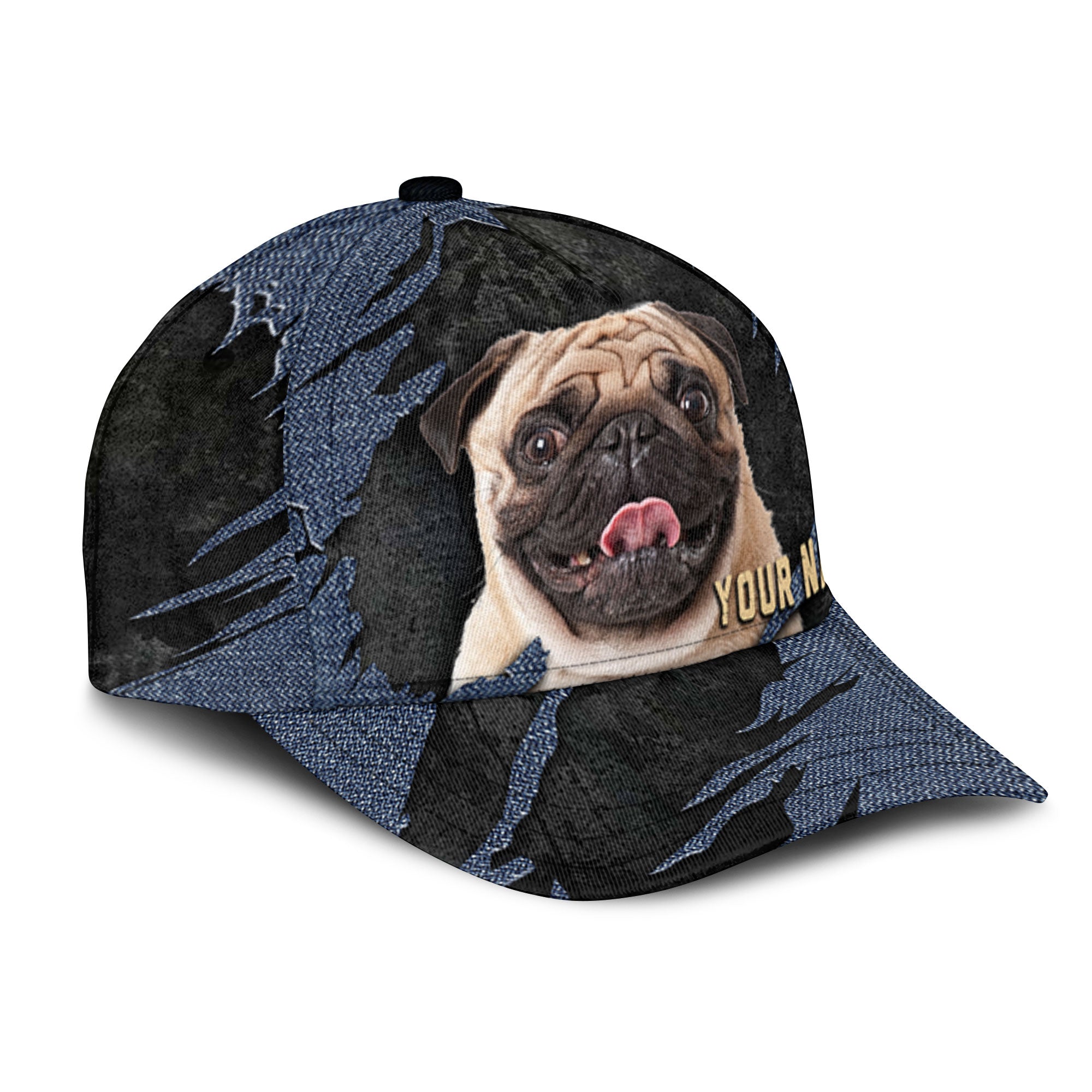 Pug - Jean Background Custom Name Cap