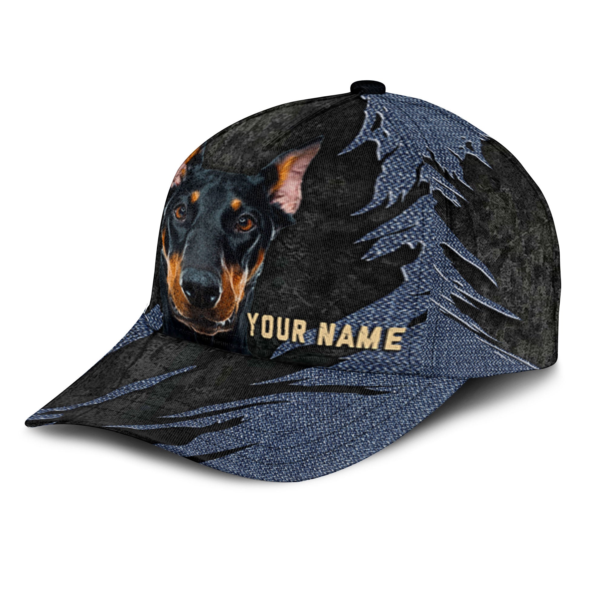 Doberman Pinscher - Jean Background Custom Name Cap