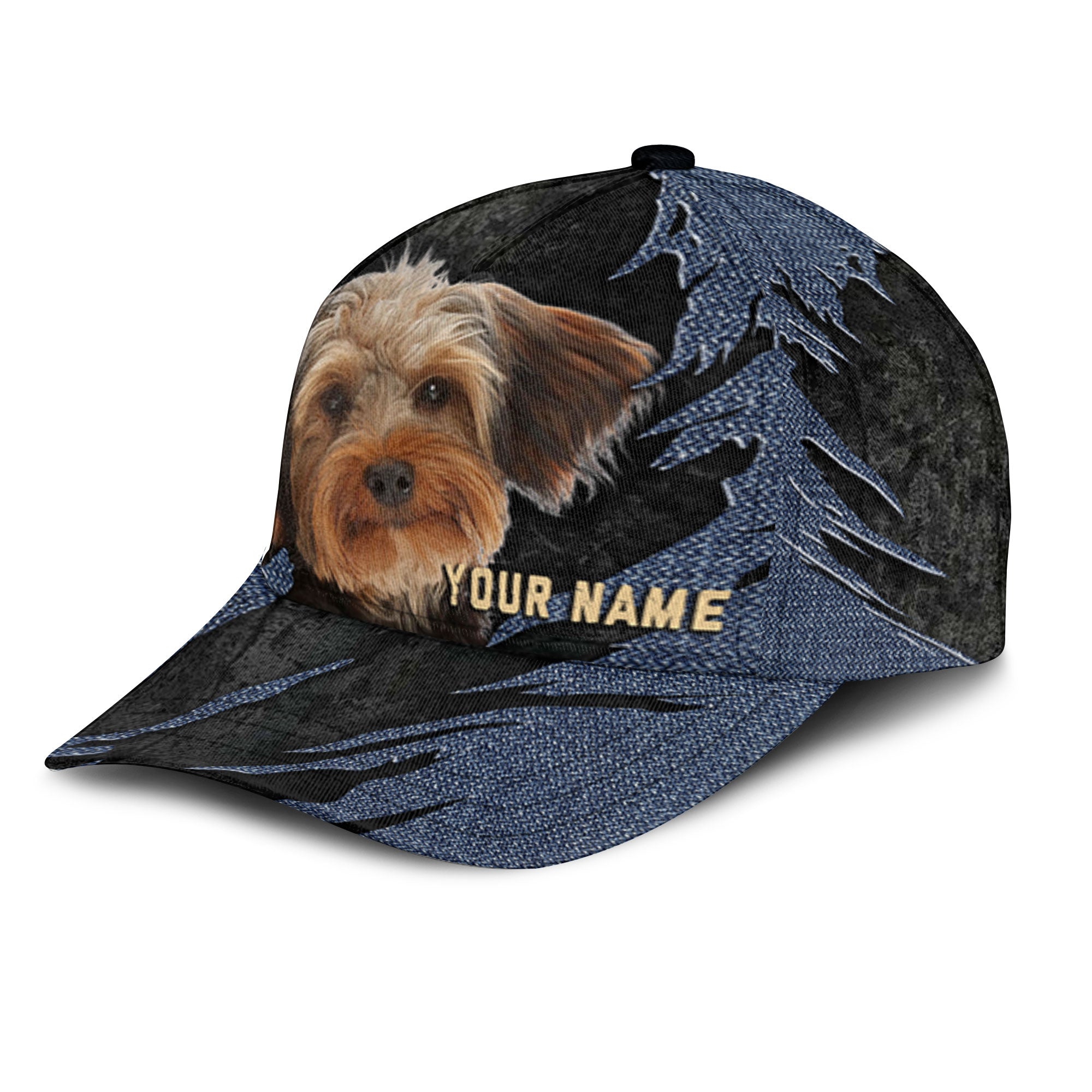Yorkie-Poo - Jean Background Custom Name Cap