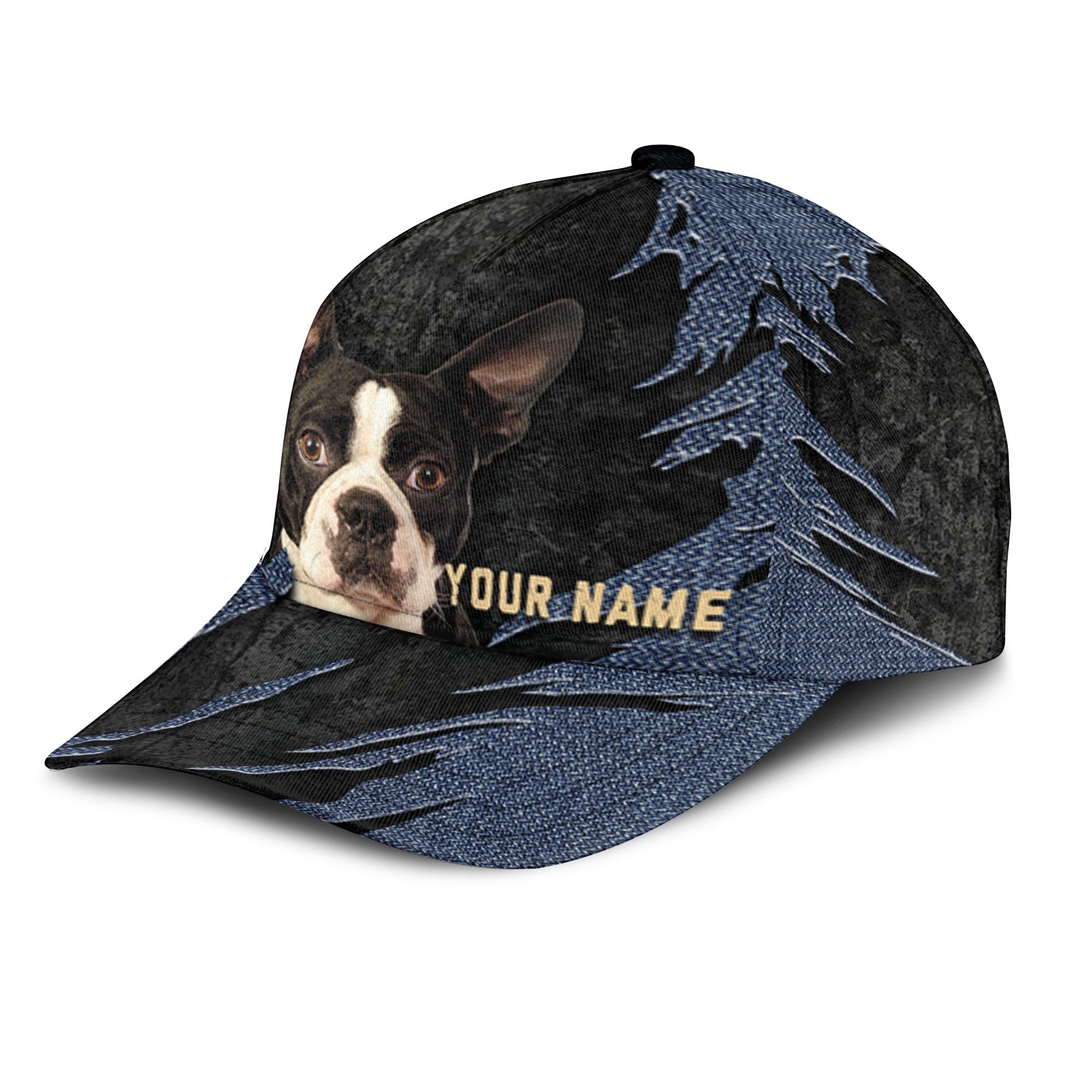Boston Terrier - Jean Background Custom Name Cap