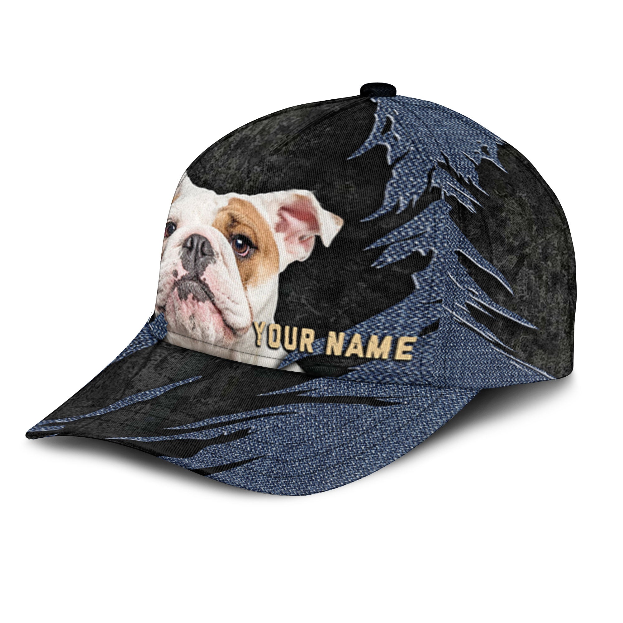 English Bulldog - Jean Background Custom Name Cap