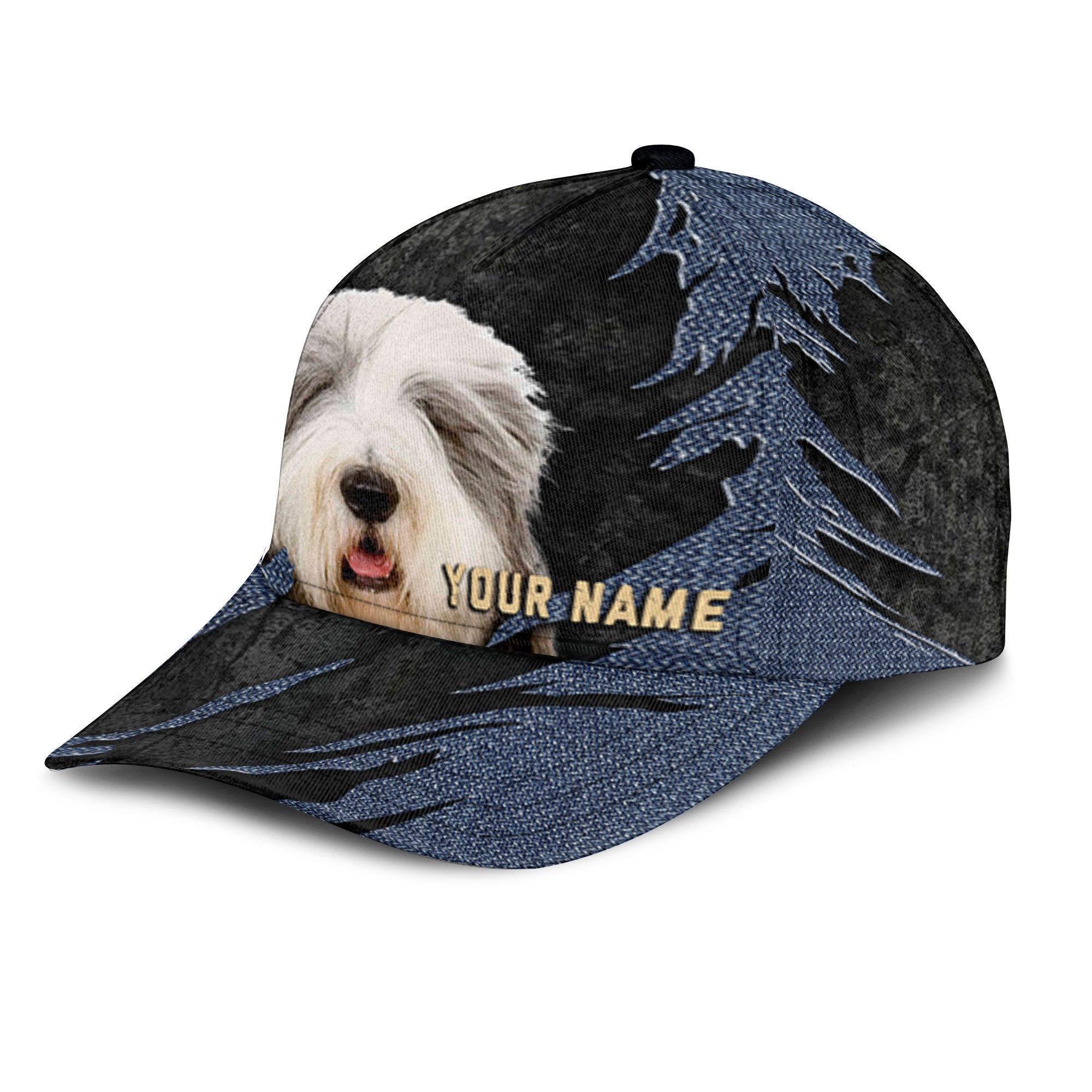 Old English Sheepdog - Jean Background Custom Name Cap
