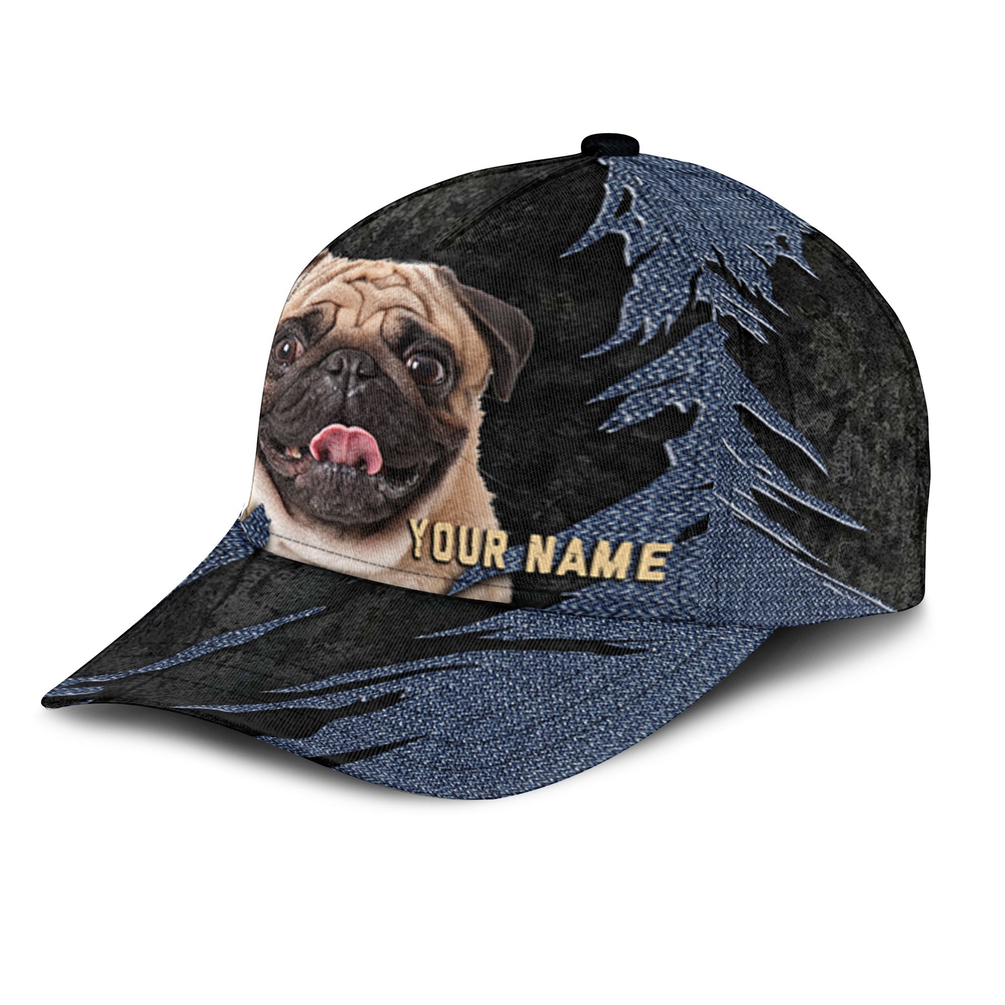Pug - Jean Background Custom Name Cap