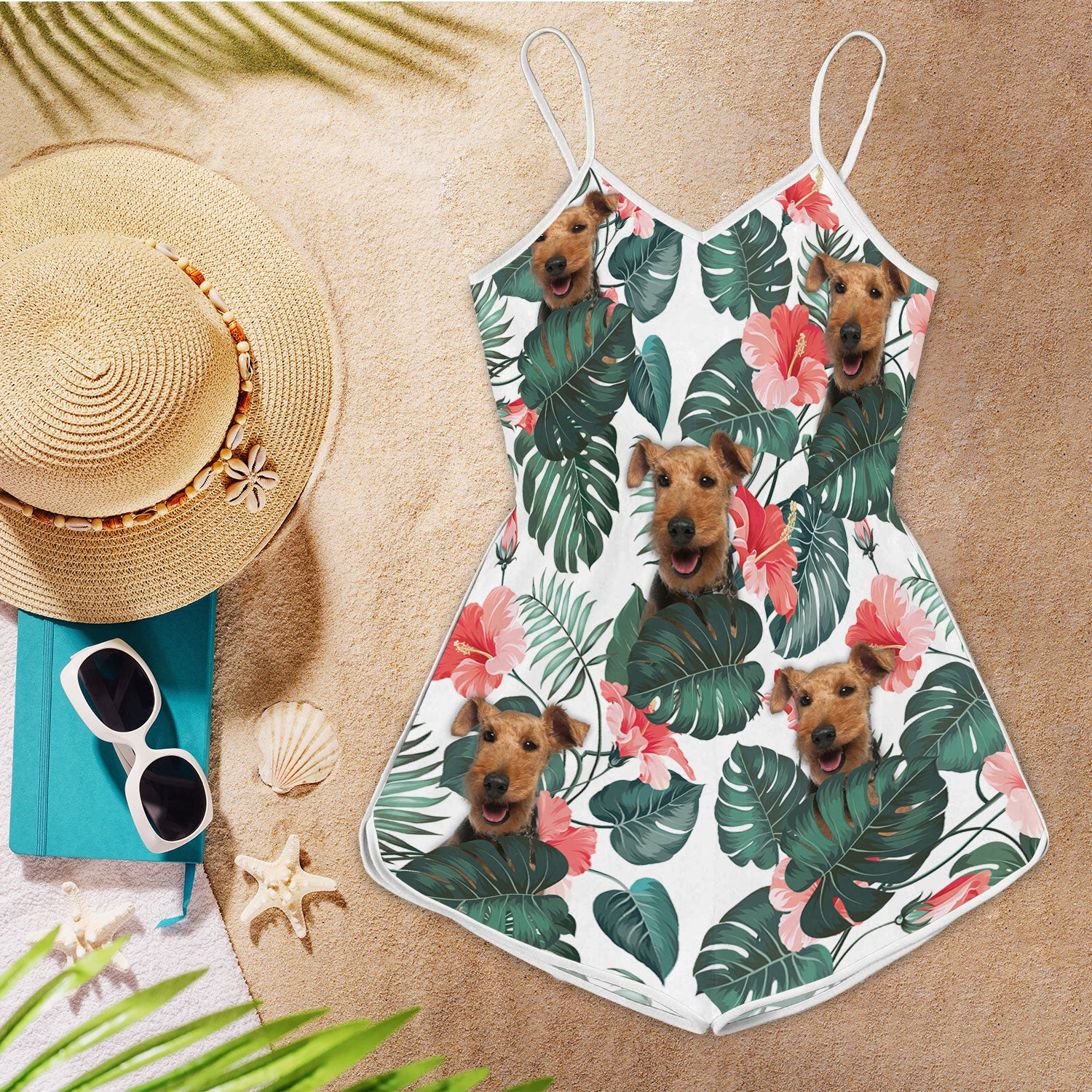 Airedale Terrier Tropical Pattern Sleeveless Romper