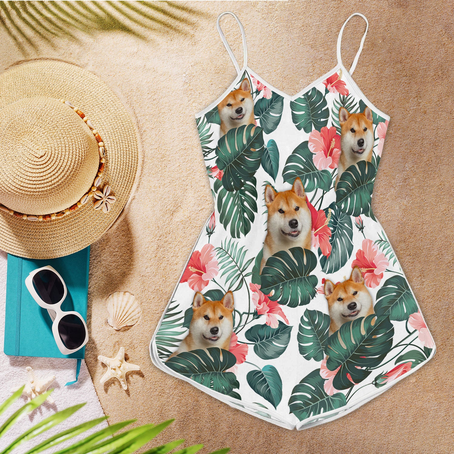 Akita Inu Tropical Pattern Sleeveless Romper