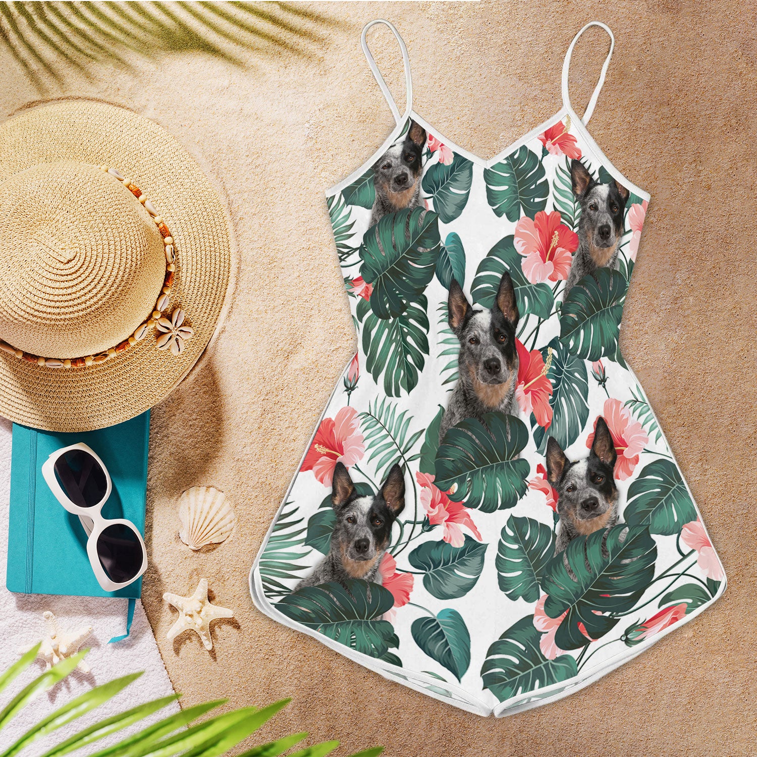 Australian Cattle Dog Tropical Pattern Sleeveless Romper