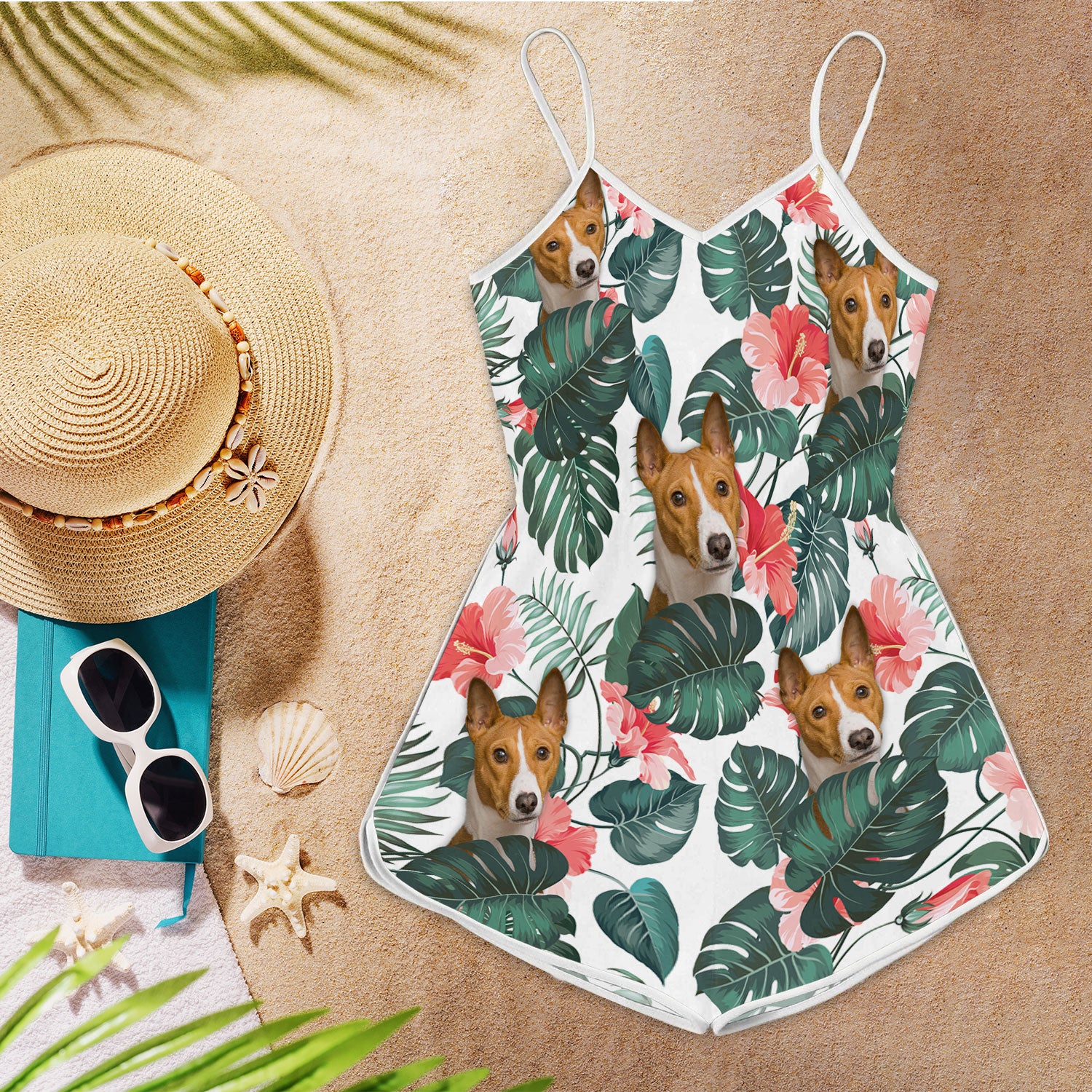 Basenji Tropical Pattern Sleeveless Romper