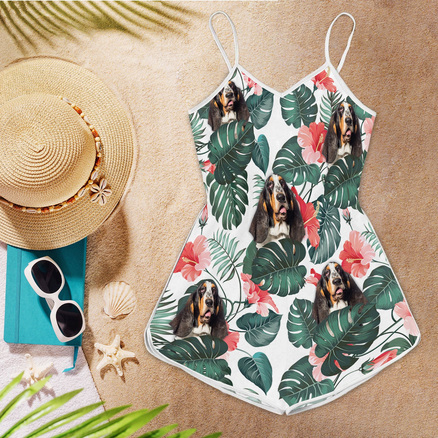 Basset Hound Tropical Pattern Sleeveless Romper