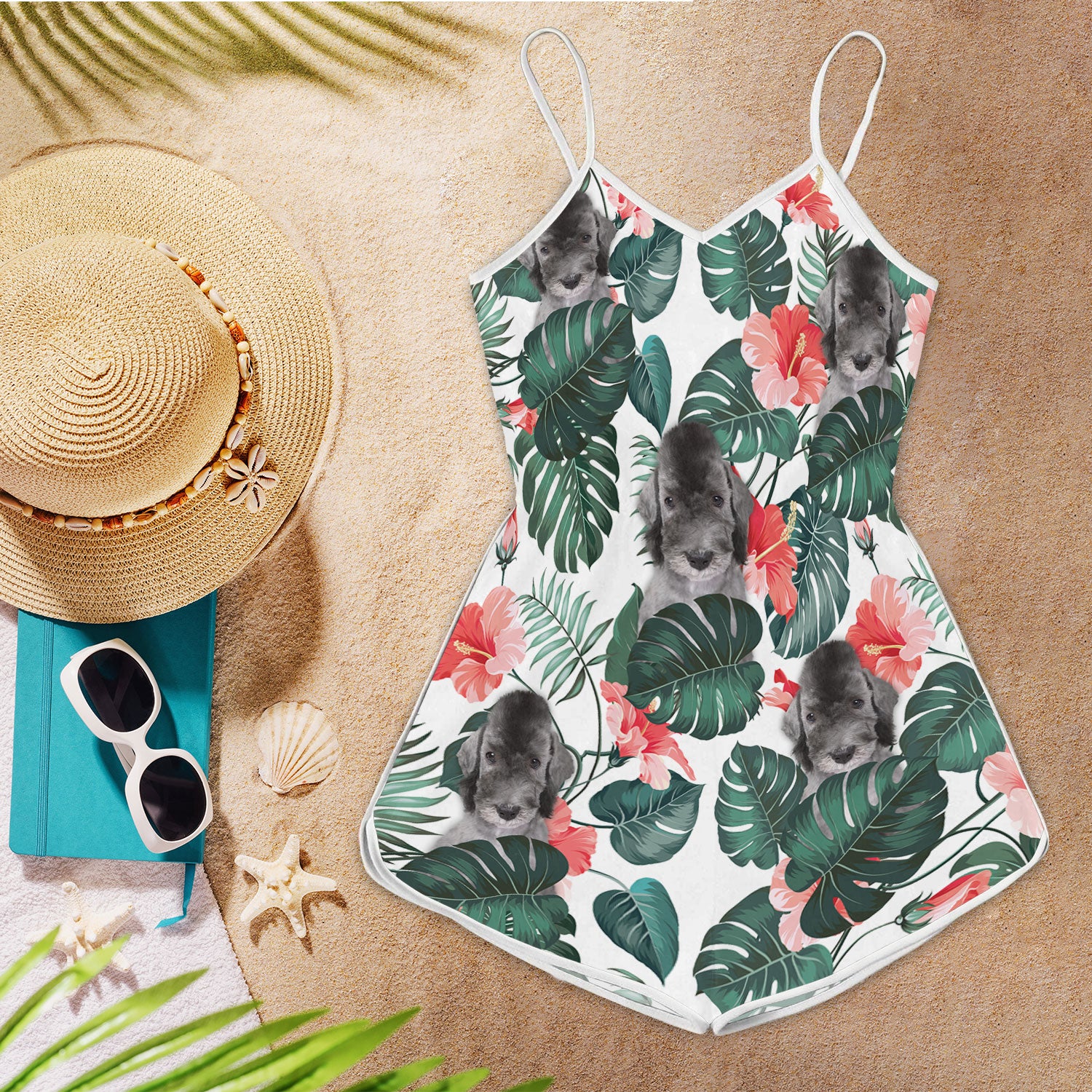 Bedlington Terrier Tropical Pattern Sleeveless Romper
