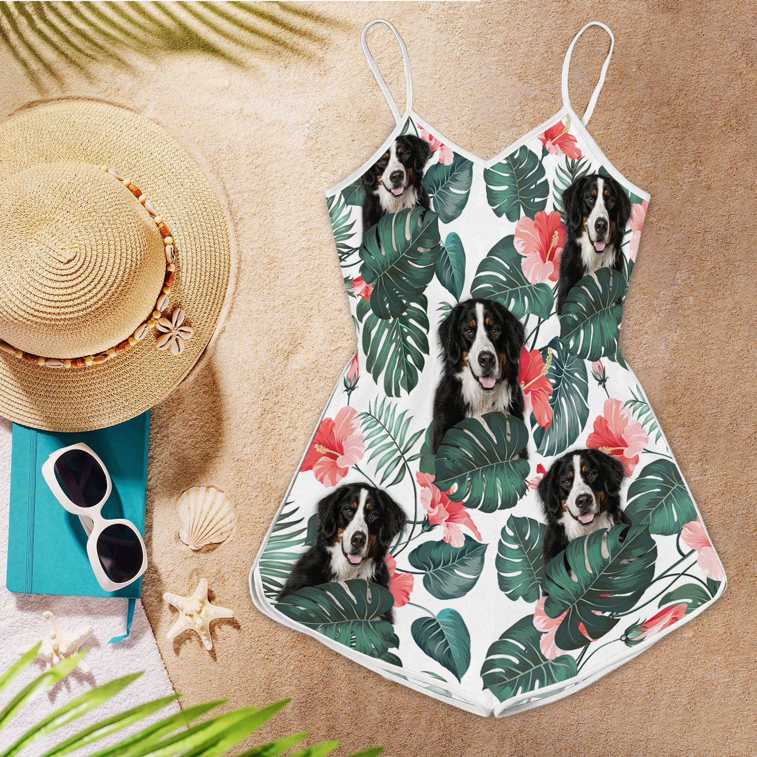 Bernese Mountain Dog Tropical Pattern Sleeveless Romper