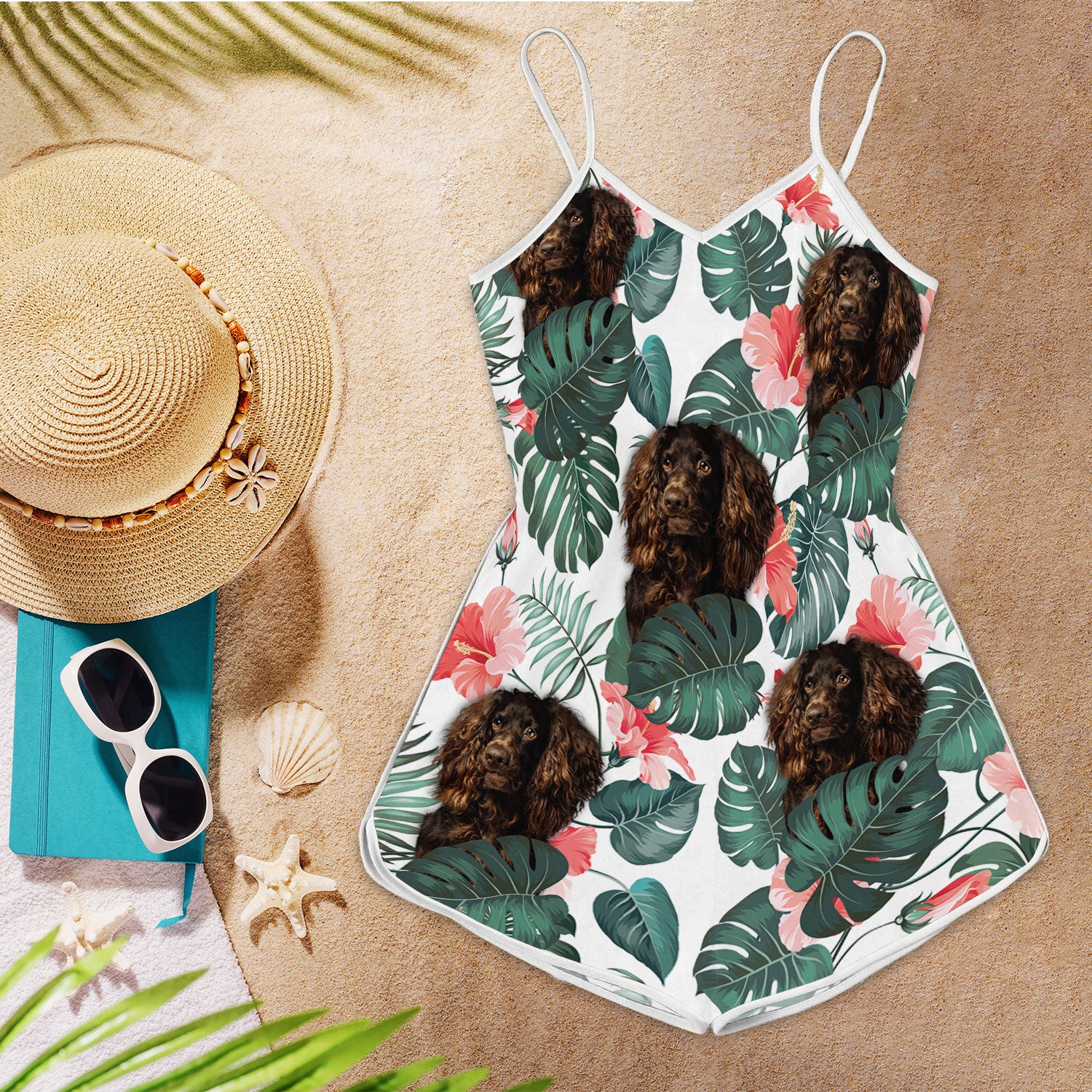 Boykin Spaniel Tropical Pattern Sleeveless Romper