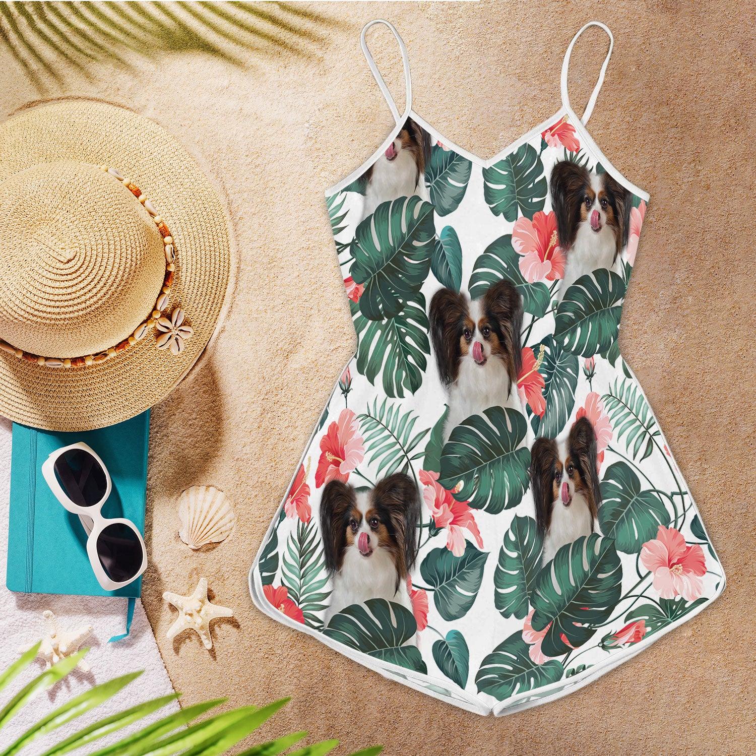 Papillon Dog Pattern Sleeveless Romper