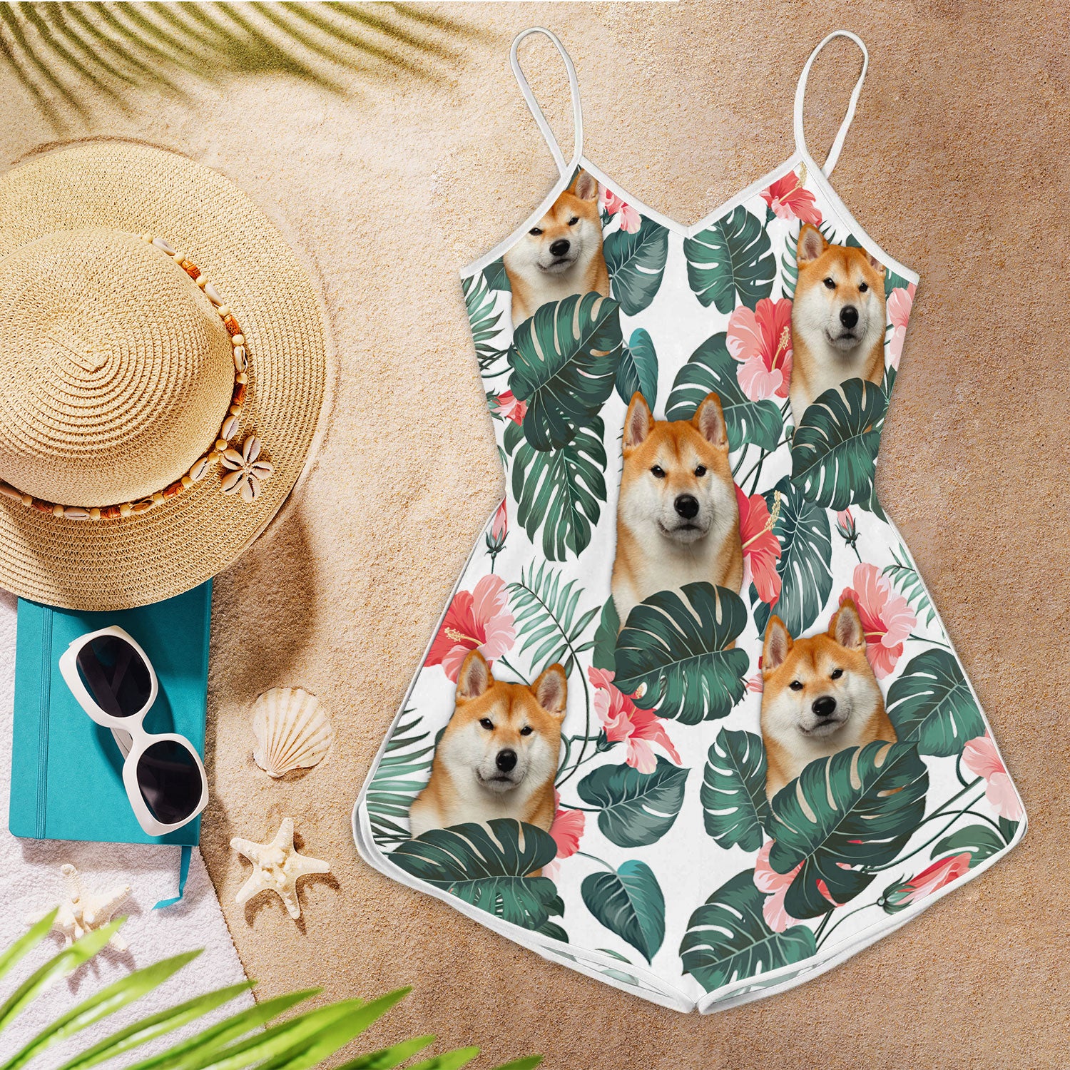 Shiba Inu Pattern Sleeveless Romper