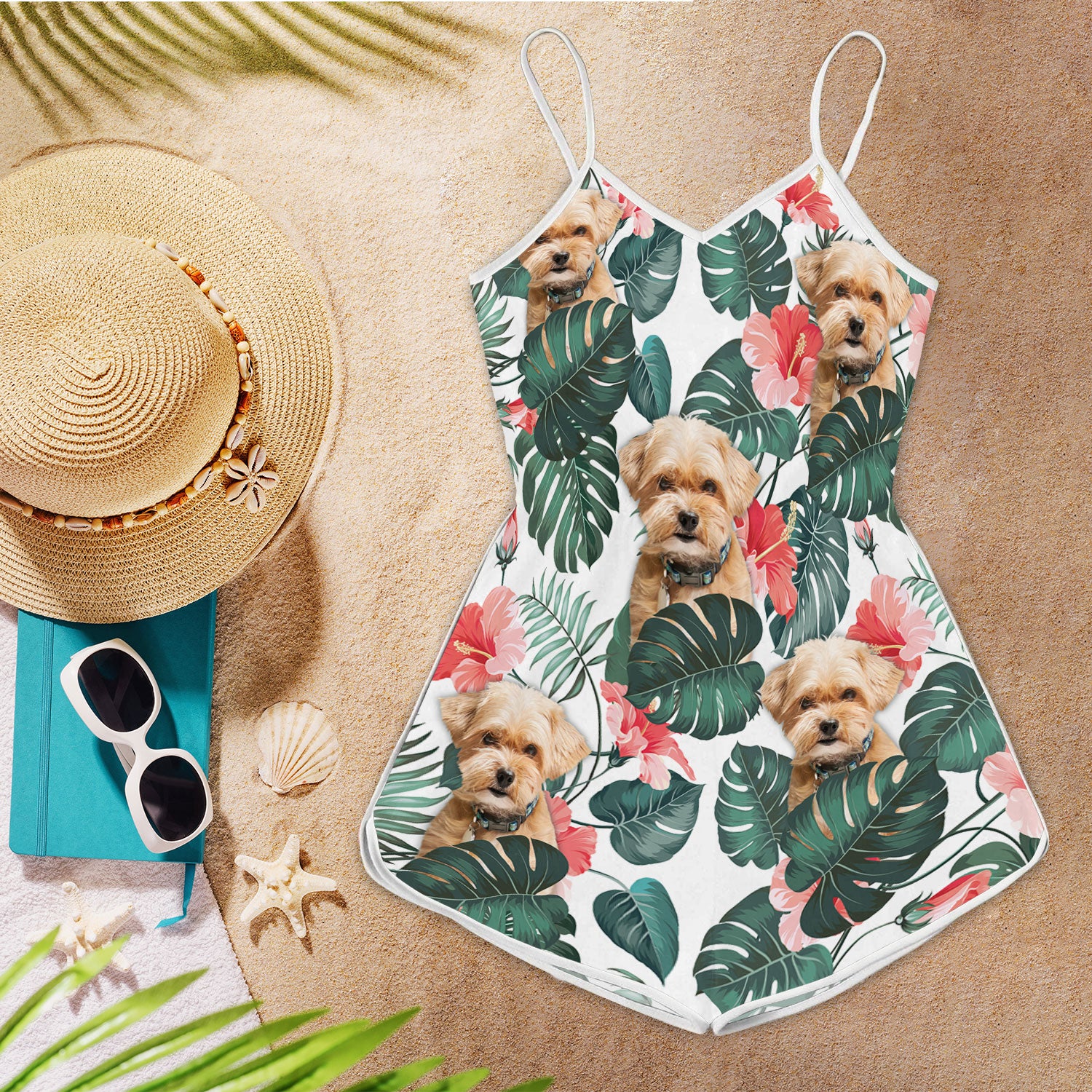 Shorkie Tropical Pattern Sleeveless Romper