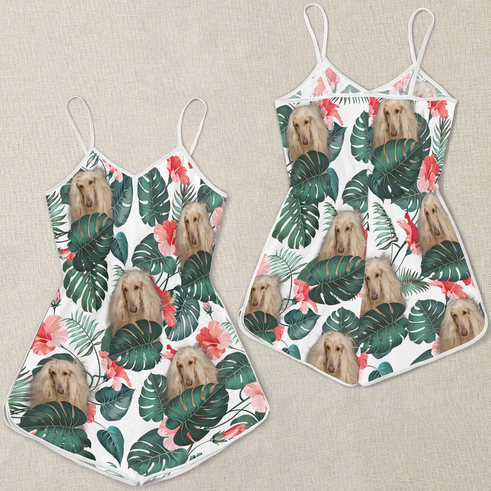 Afghan Hound Tropical Pattern Sleeveless Romper