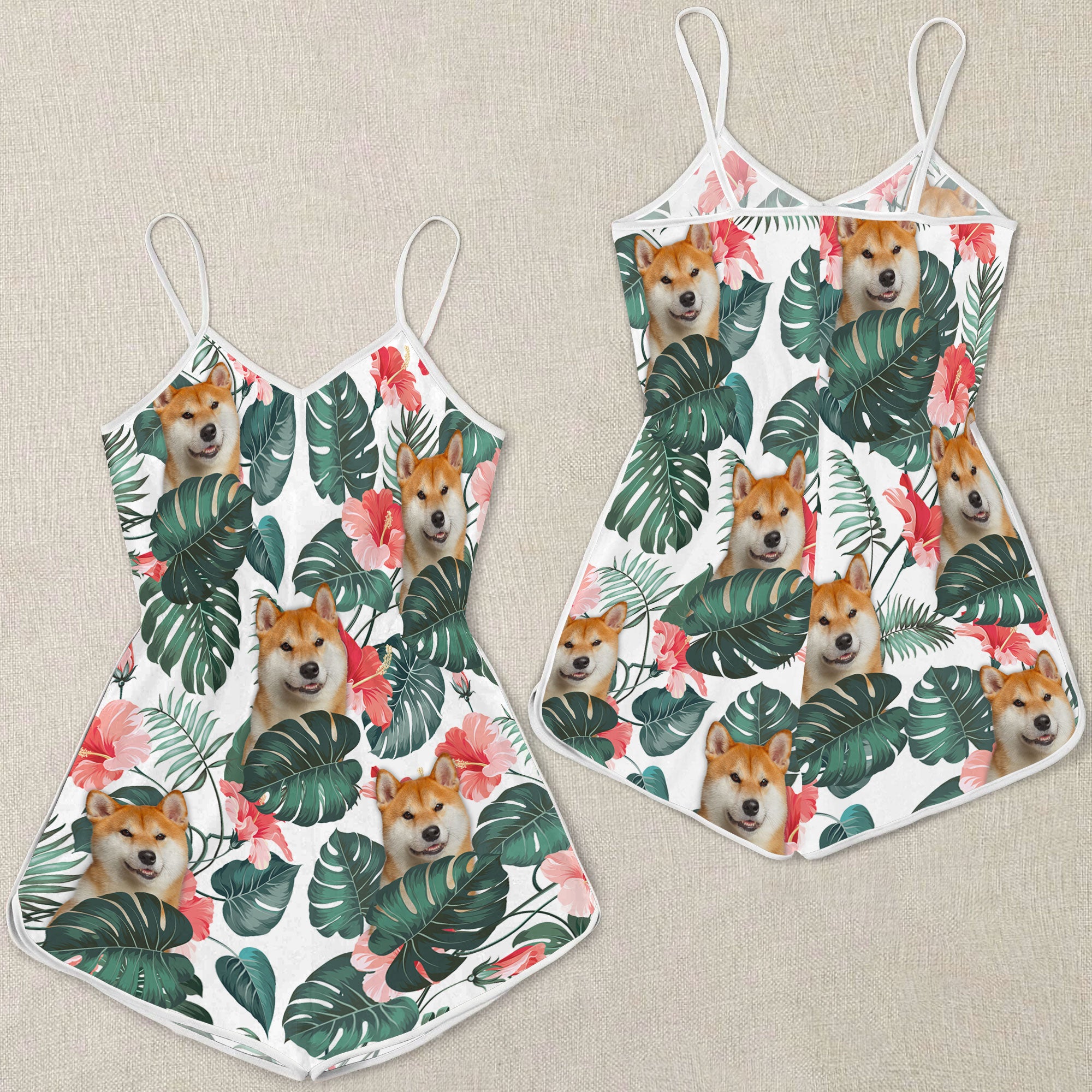 Akita Inu Tropical Pattern Sleeveless Romper