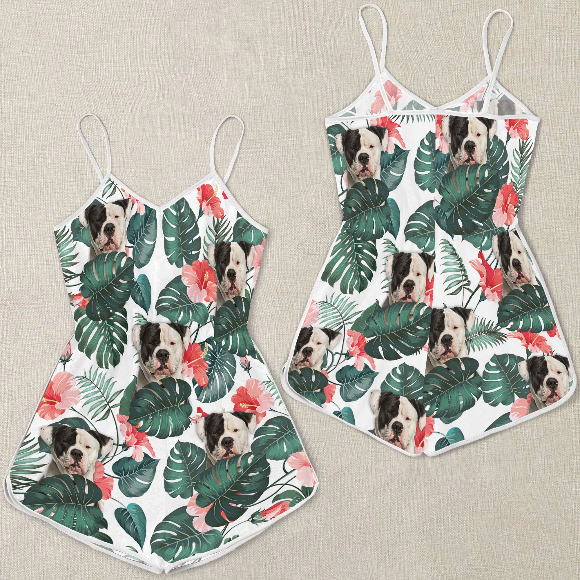 Amerian Bulldog Tropical Pattern Sleeveless Romper