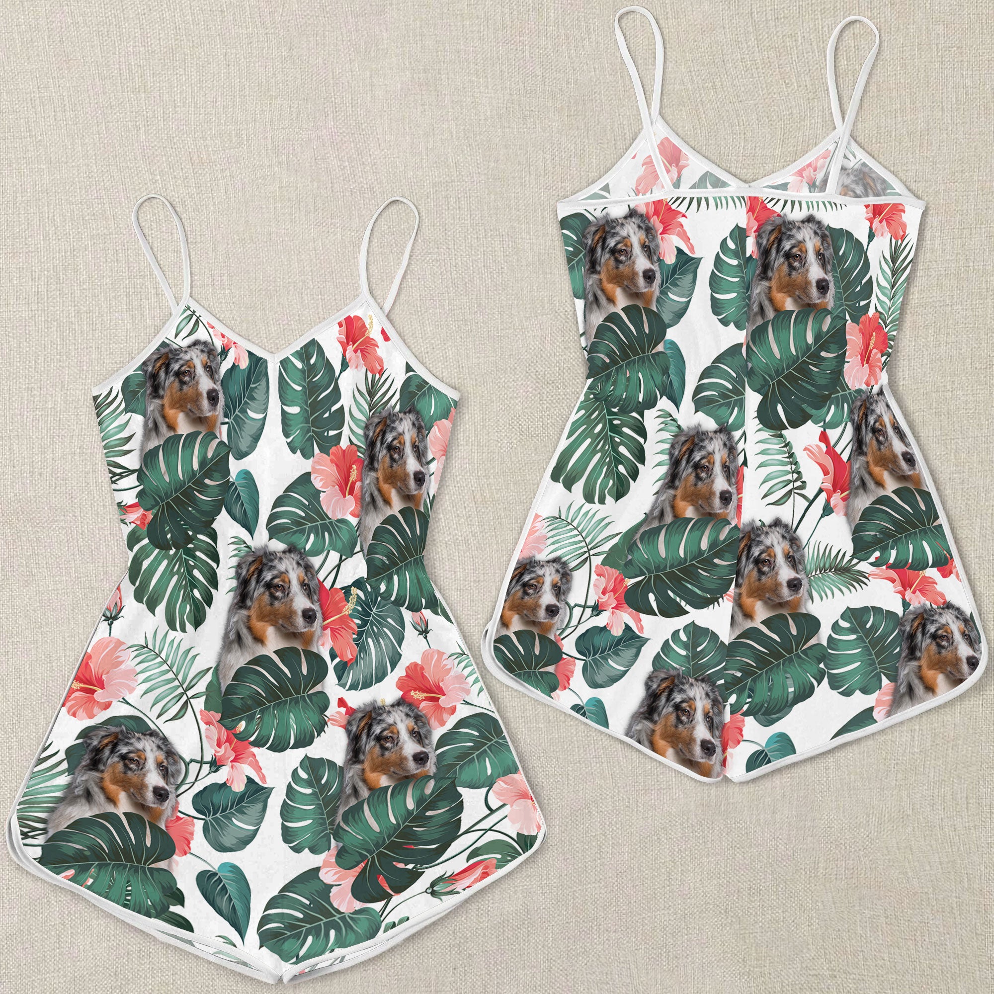 Australian Shepherd Tropical Pattern Sleeveless Romper