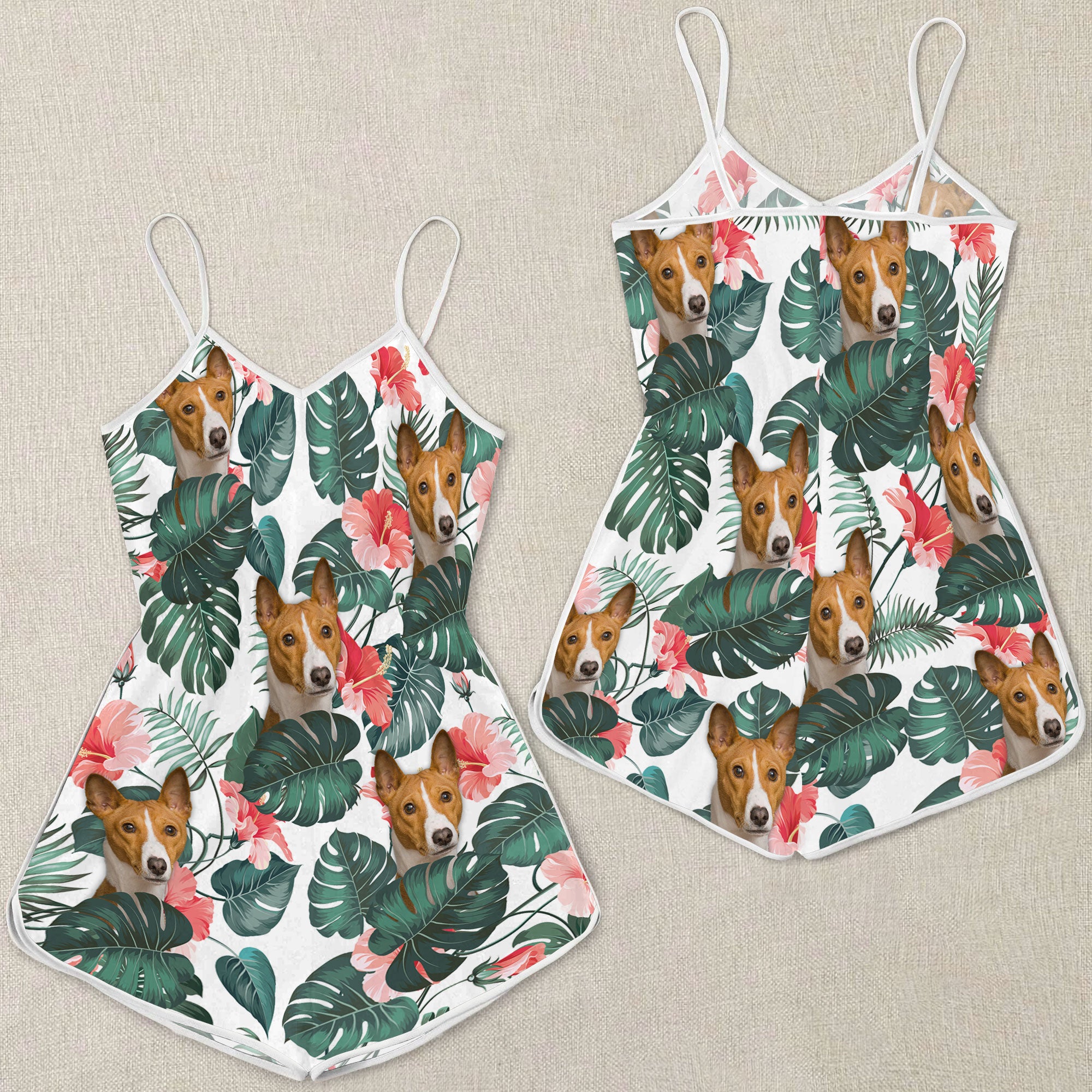 Basenji Tropical Pattern Sleeveless Romper