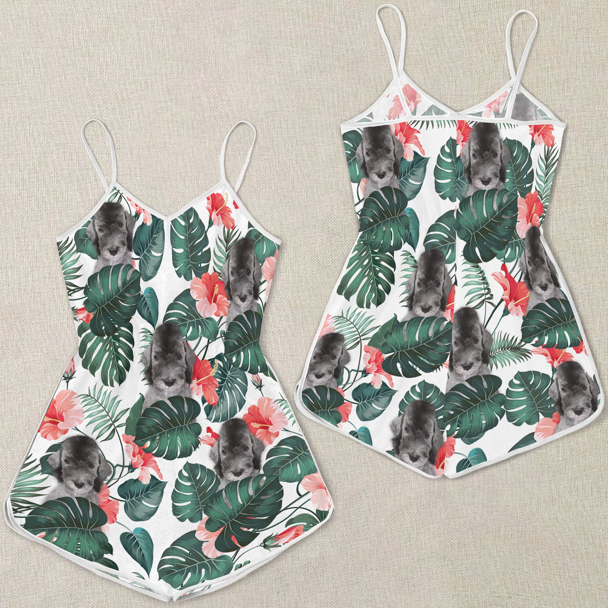 Bedlington Terrier Tropical Pattern Sleeveless Romper