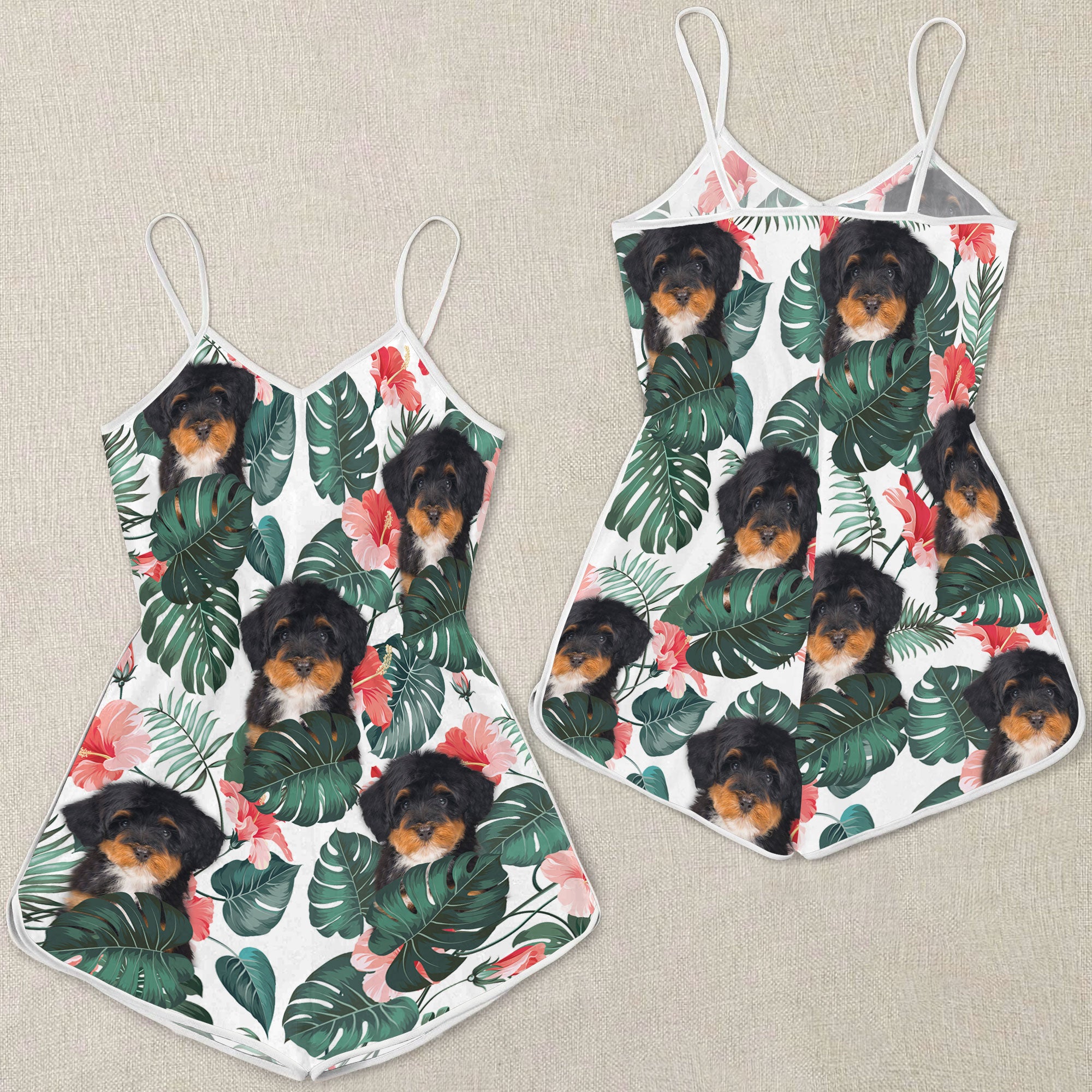 Bernedoodle Tropical Pattern Sleeveless Romper