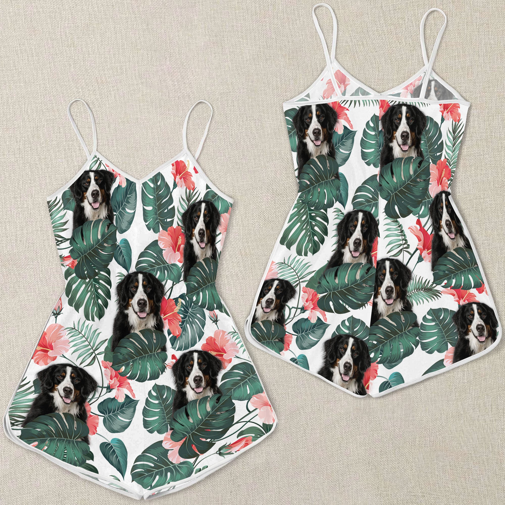 Bernese Mountain Dog Tropical Pattern Sleeveless Romper