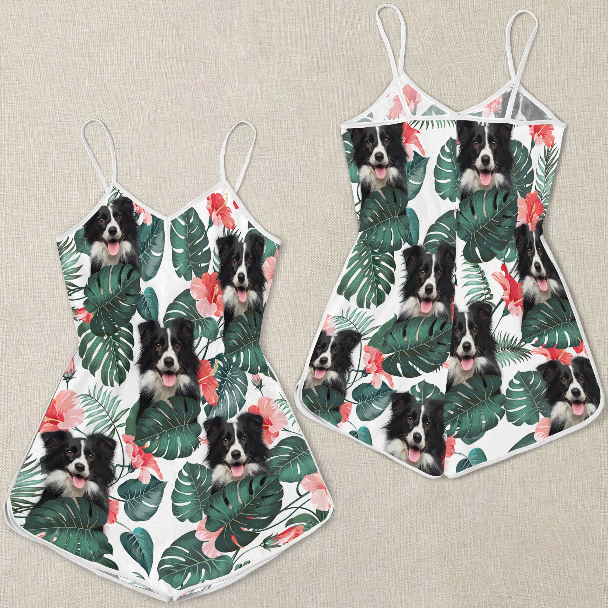 Border Collie Tropical Pattern Sleeveless Romper