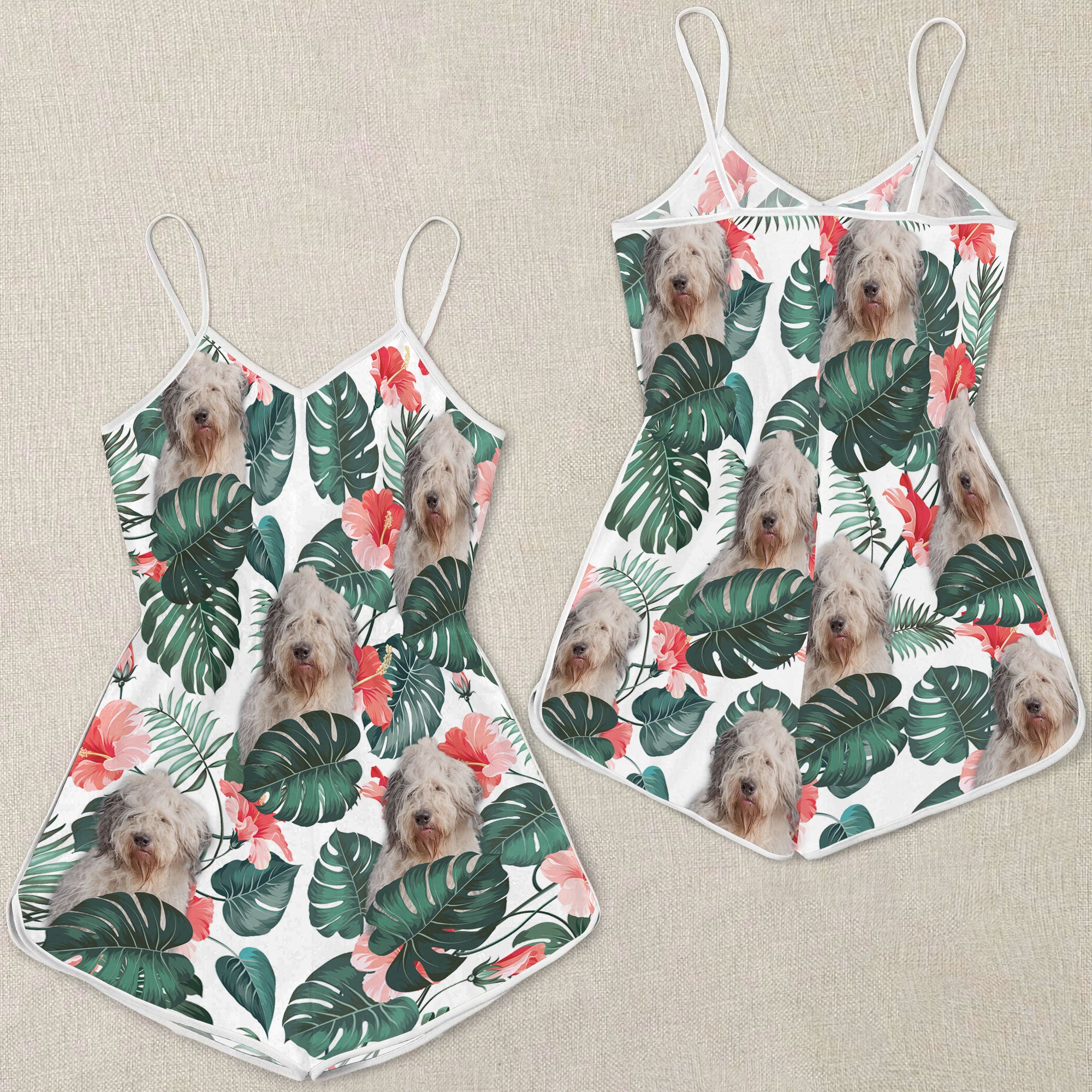 Old English Sheepdog Pattern Sleeveless Romper