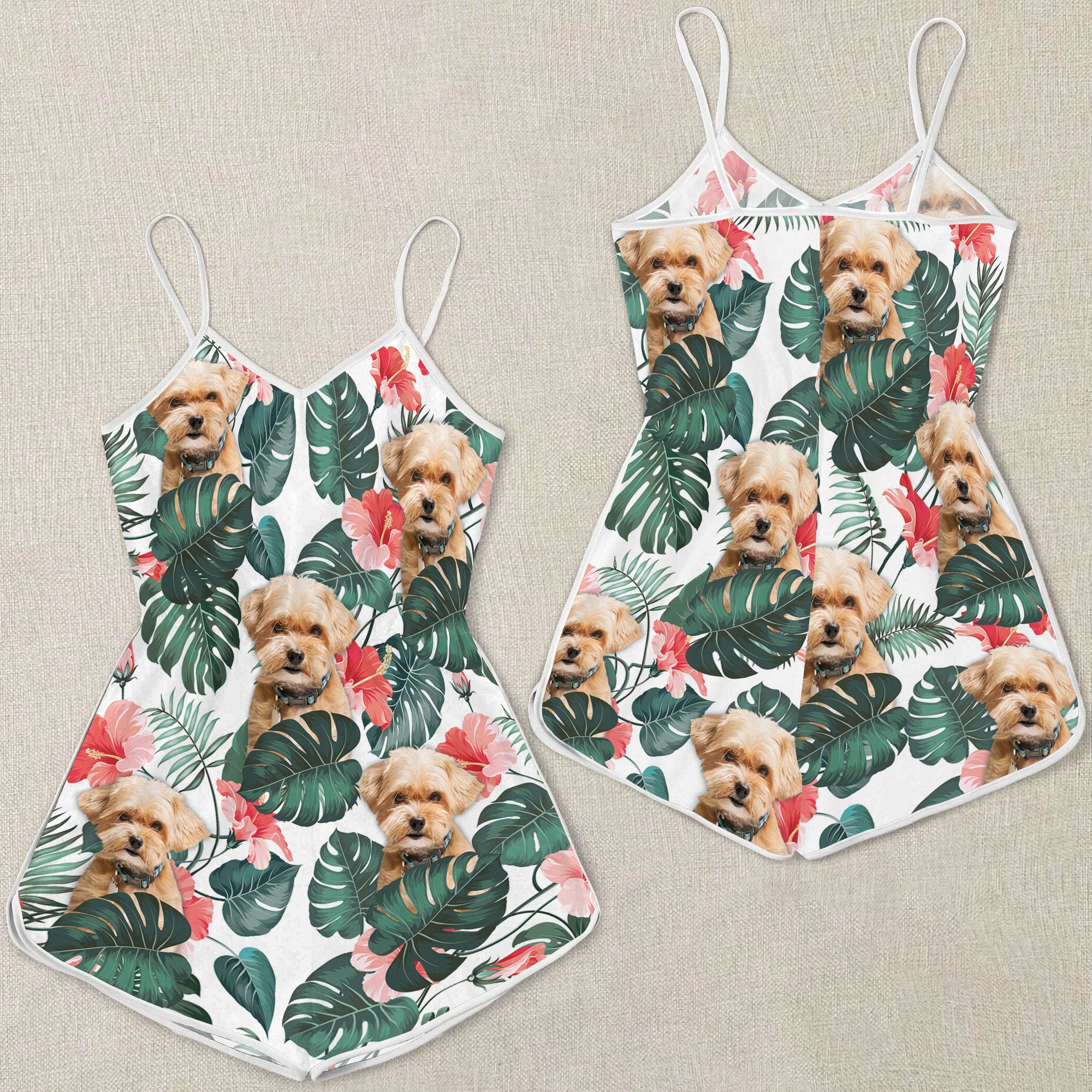 Shorkie Tropical Pattern Sleeveless Romper