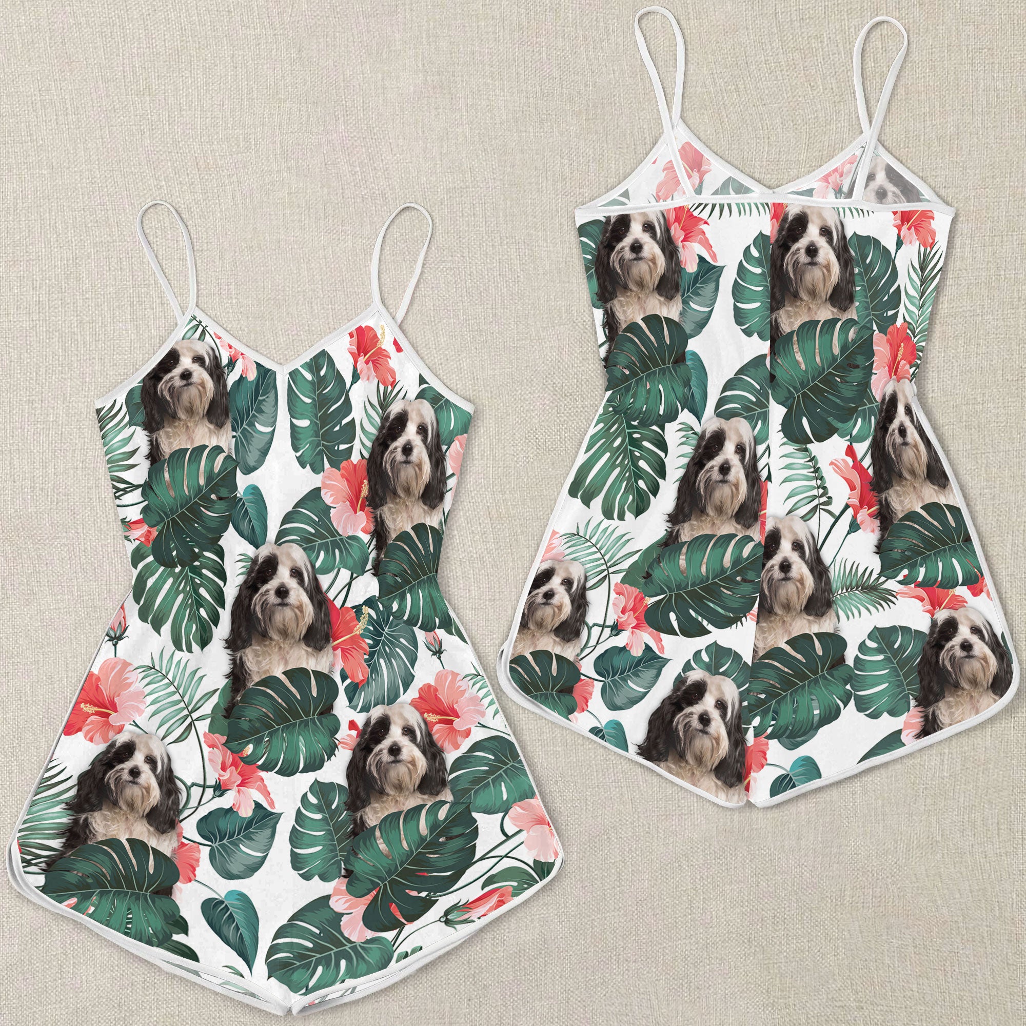 Tibetan Terrier Tropical Pattern Sleeveless Romper