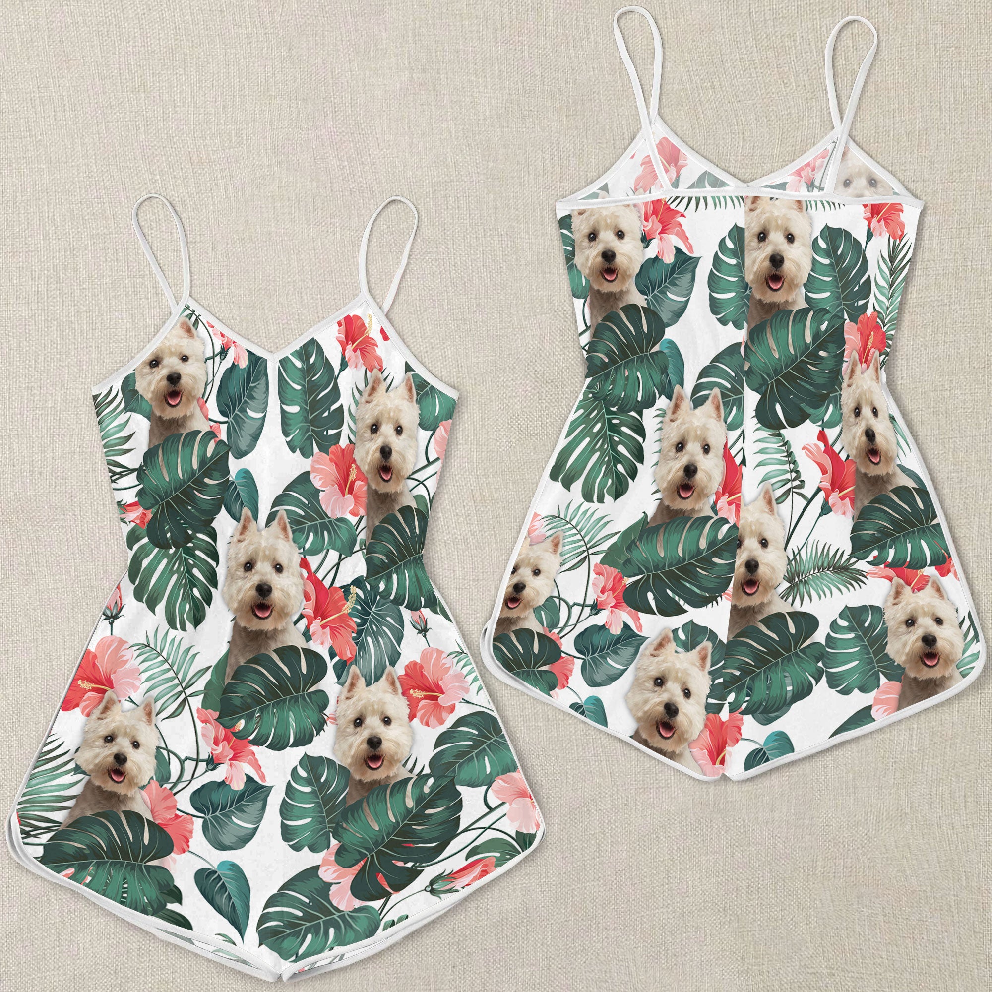 West Highland White Terrier Tropical Pattern Sleeveless Romper