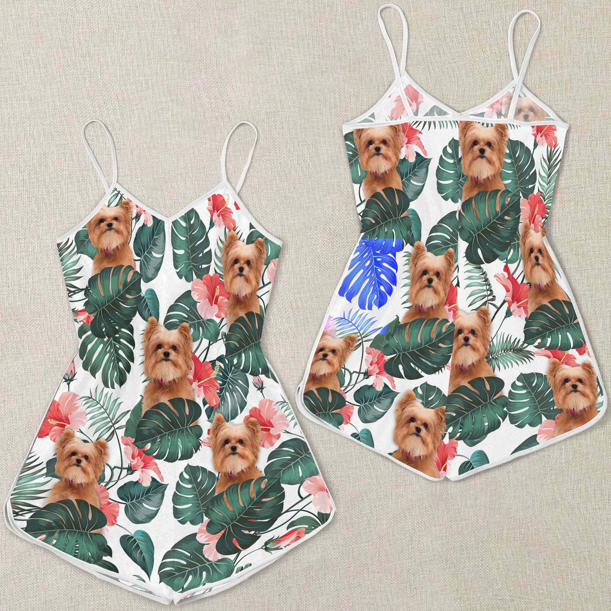 Yorkie Pom Tropical Pattern Sleeveless Romper