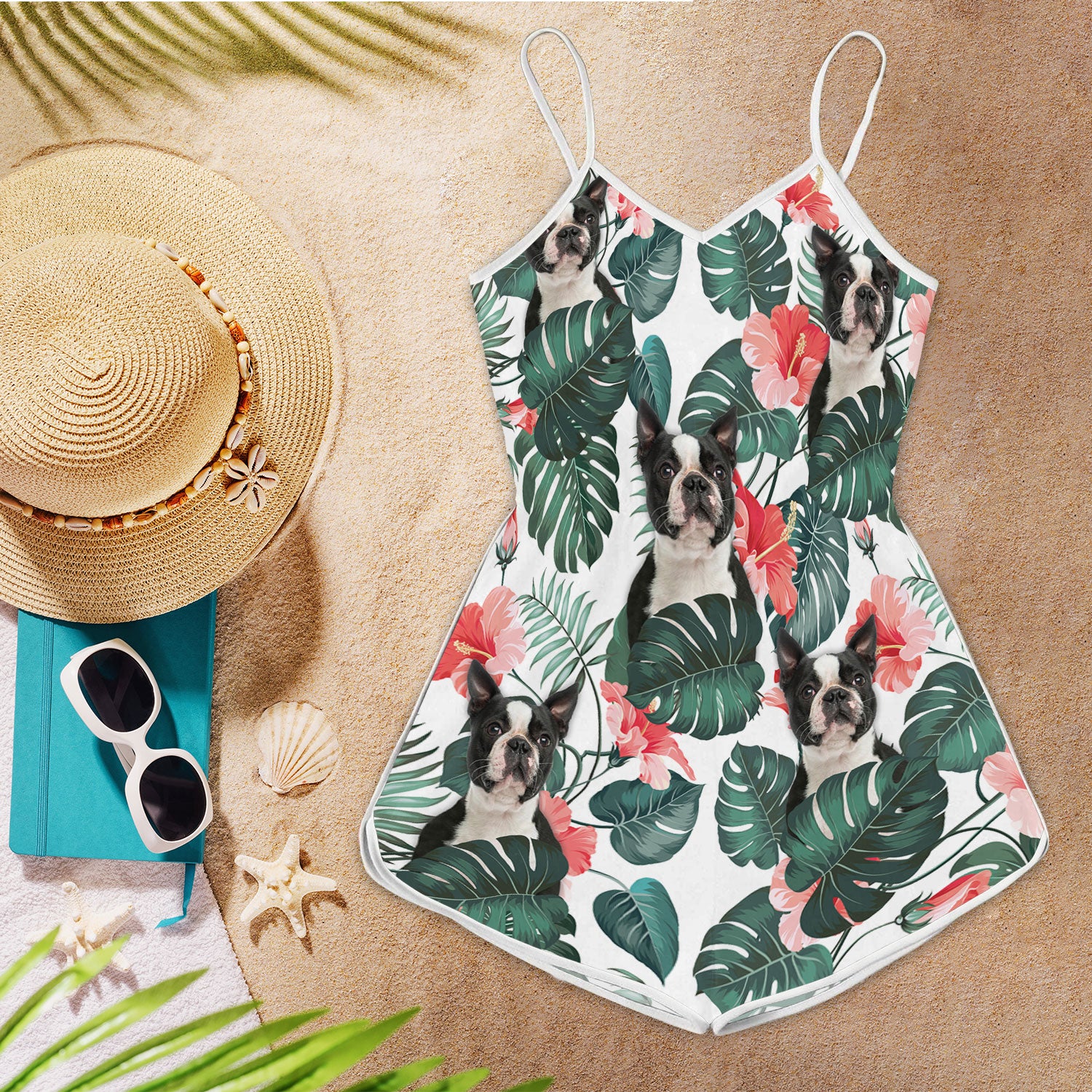 Boston Terrier Tropical Pattern Sleeveless Romper