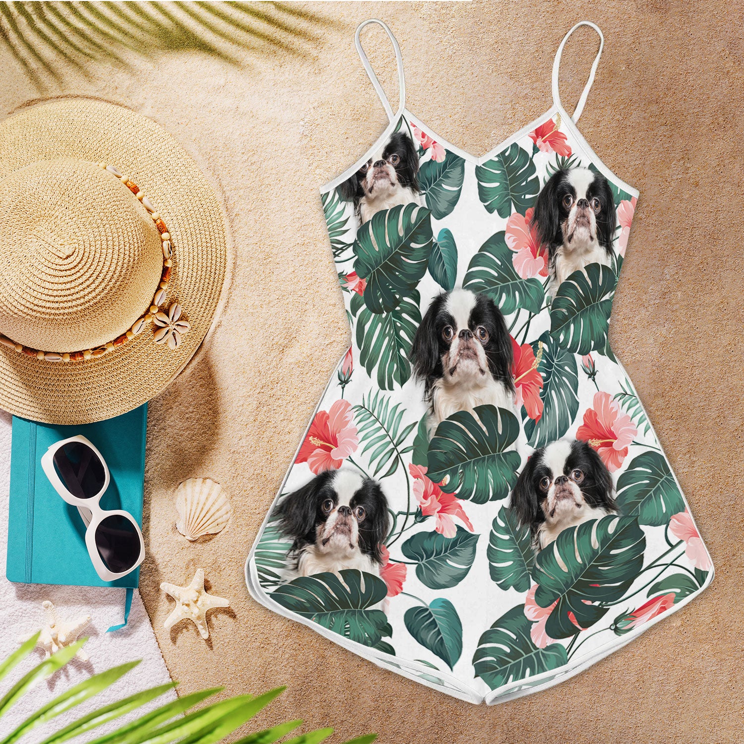 Japanese Chin Pattern Sleeveless Romper