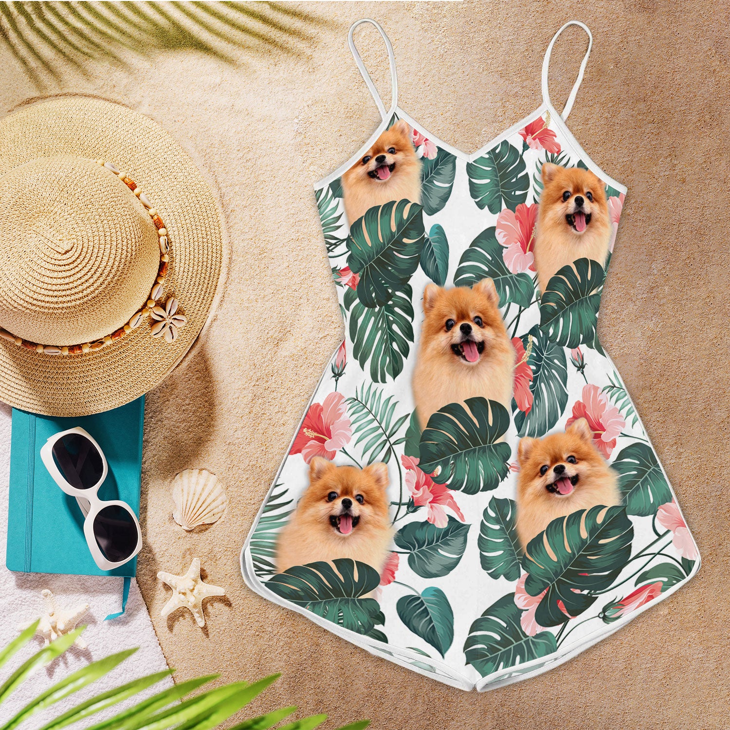 Pomeranian Pattern Sleeveless Romper