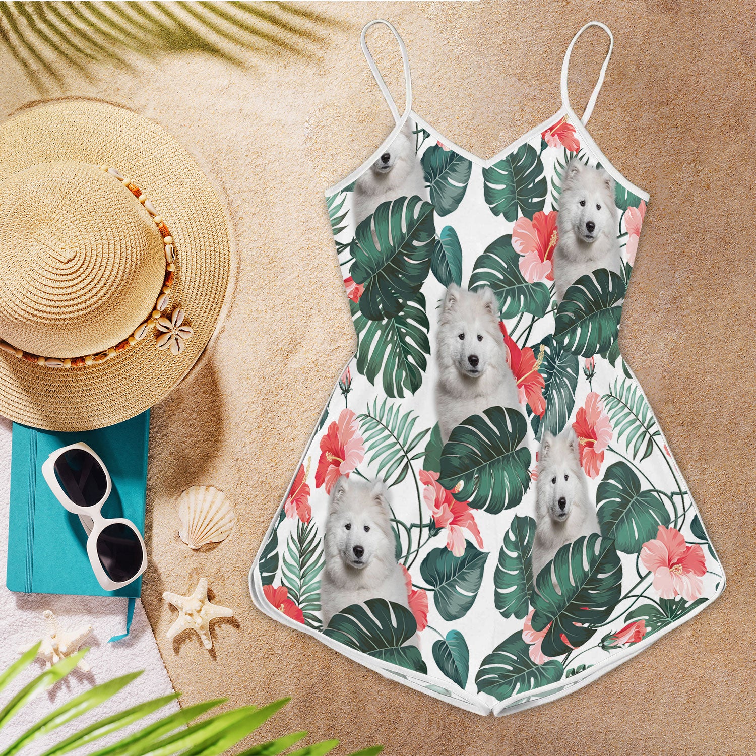 Samoyed Pattern Sleeveless Romper