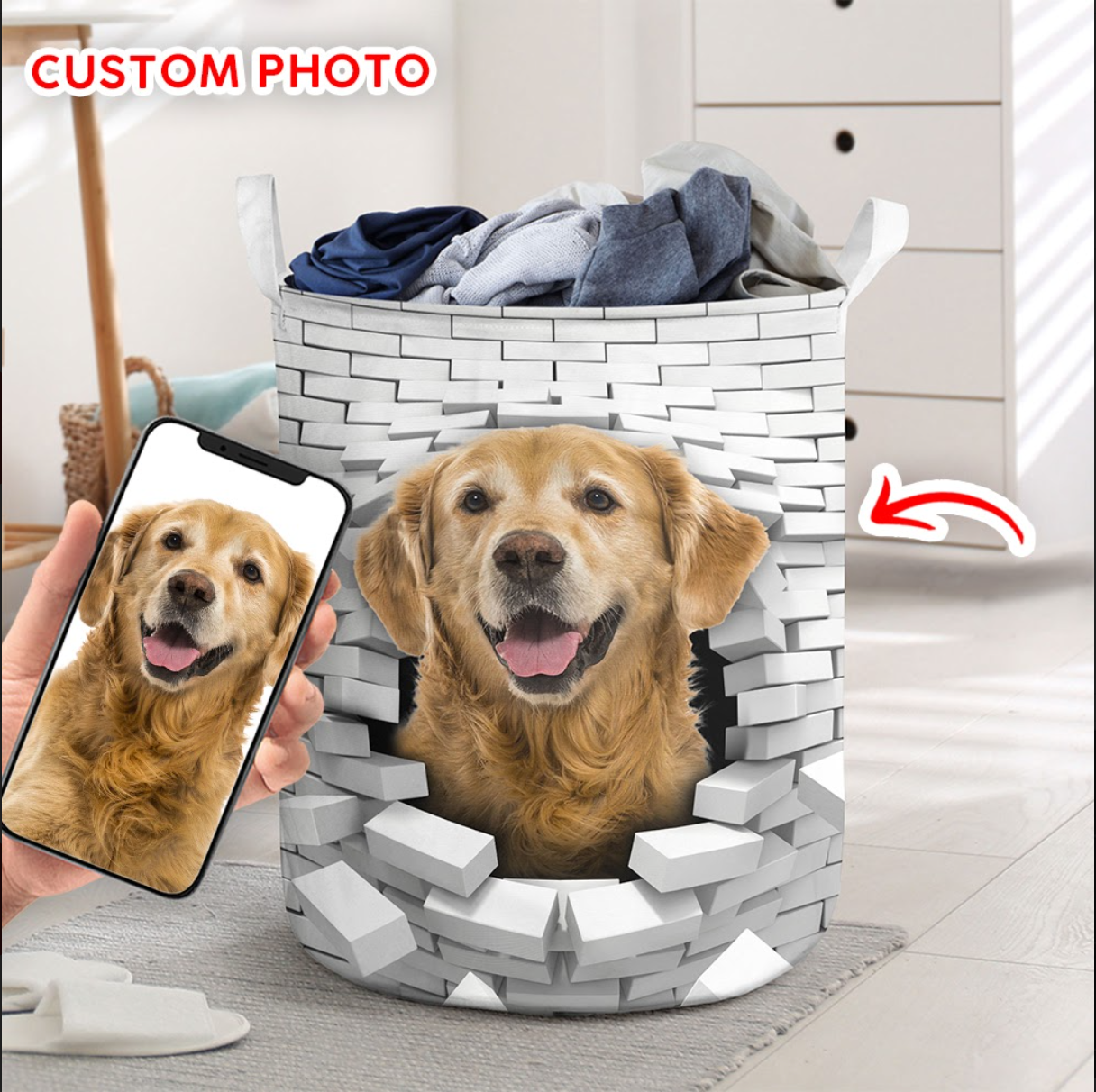 A. Custom Dog Photo - In The Hole Of Wall Pattern Laundry Basket